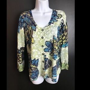 NIC+ZOE Floral Cardigan Sweater Leaf Lightweight Cotton Knit Blue Green Ivory